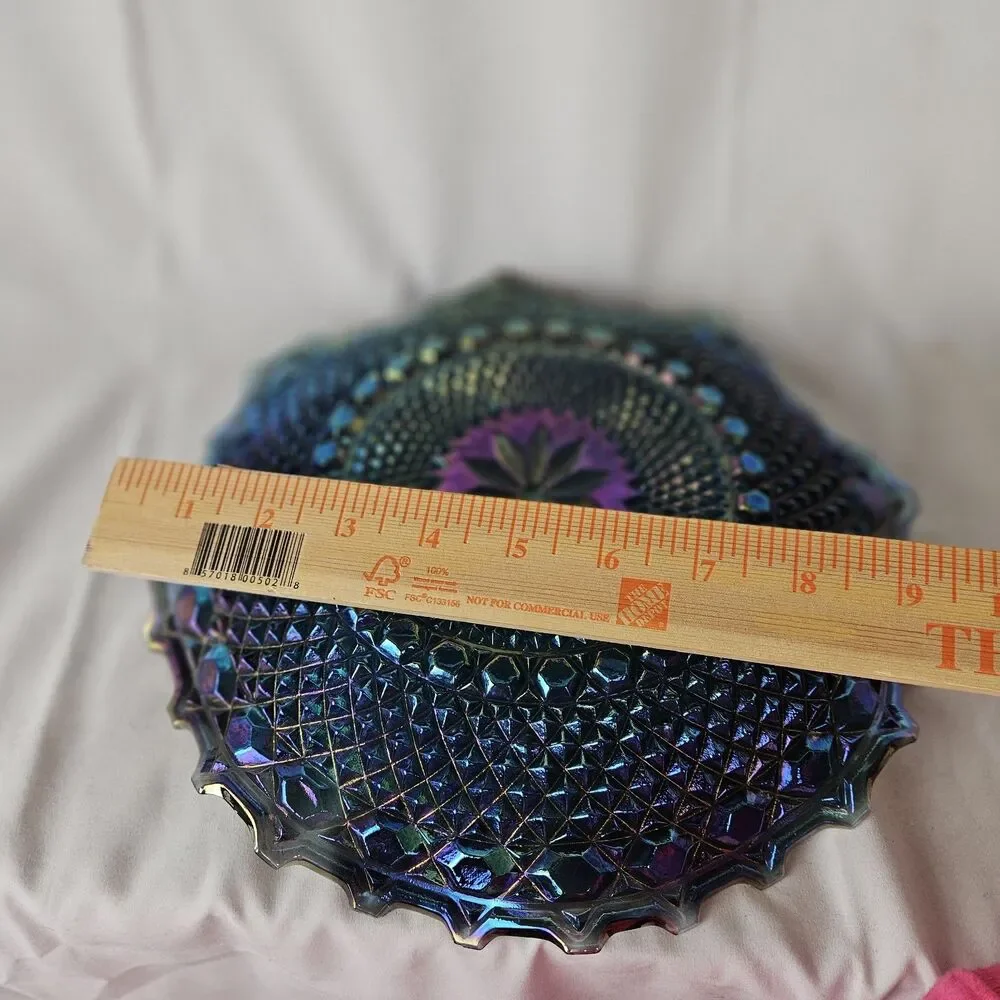 Indiana Glass Blue Iridescent Diamond Cut Ruffled Edge Carnival Glass